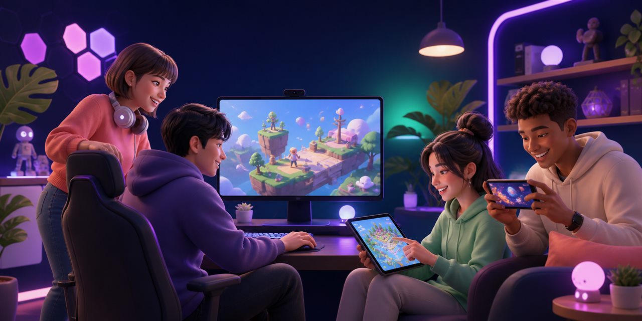 Nhóm bạn chơi game trên máy tính, điện thoại và máy tính bảng